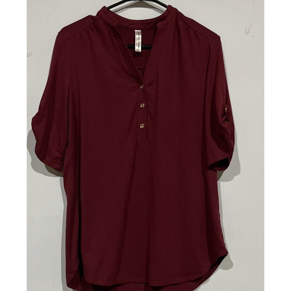 Per Seption Concept Blouse Women's Size Large VNeck Button 1/2 Sleeves Burgundy